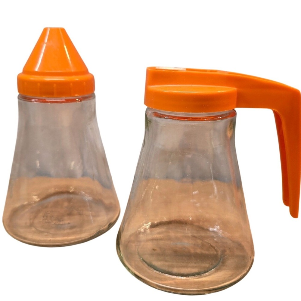 Vintage Androck‎ Made in U.S.A Glass Syrup and Sugar Dispenser Orange Cover